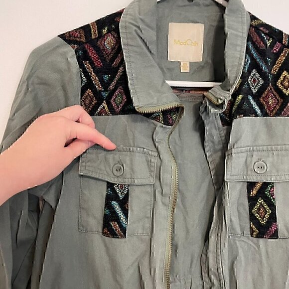 MODCLOTH Keep a Woven Mind Jacket Olive Army Green Multi Aztec Boho Embroidered - Picture 7 of 15